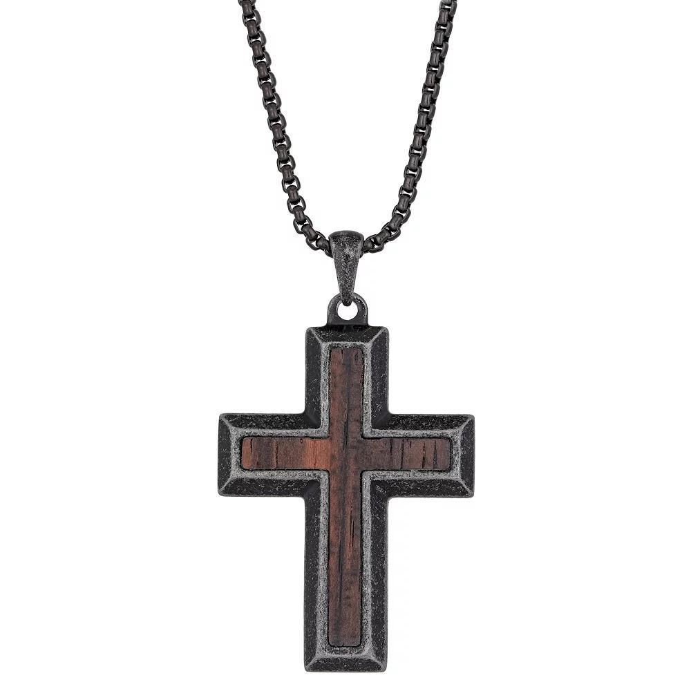 Men's LYNX Wooden Inlay Stainless Steel Cross Pendant Necklace, Size: 24" Product Image