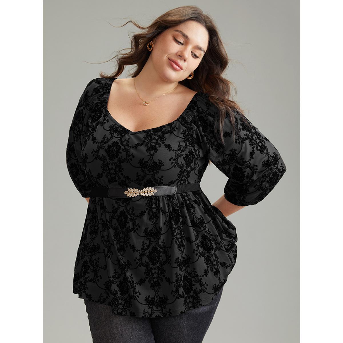 Plus Size Black Silhouette Floral Print Contrast Flocking Square Neck Blouse Women Elegant Elbow-length sleeve Square Neck Everyday Blouses BloomChic 12/L Product Image