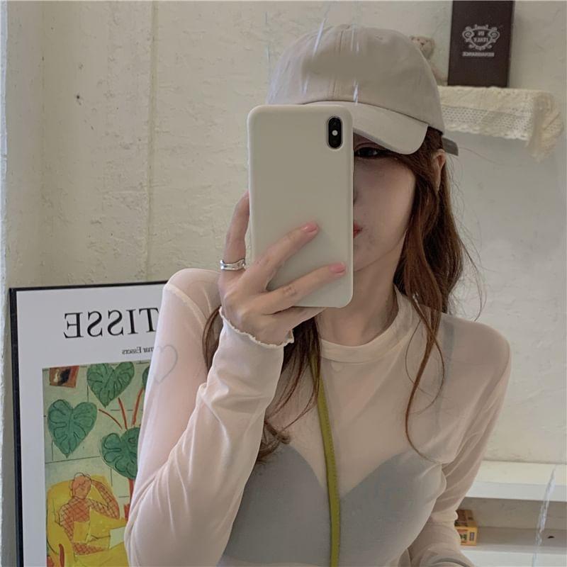 Long-Sleeve Crew Neck Plain Mesh Slim Fit T-Shirt Product Image
