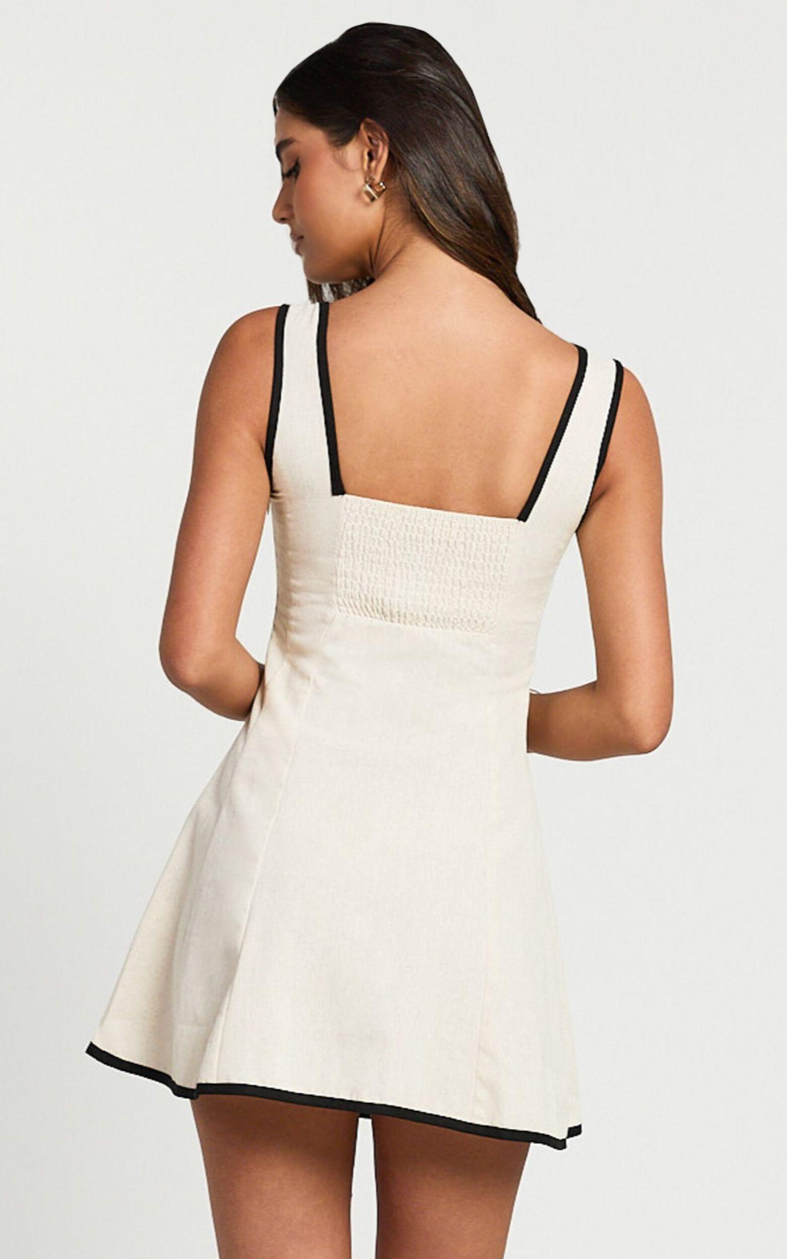 Antoni Mini Dress - Linen Ruched Back Square Neck Fit and Flare Dress in Natural Product Image