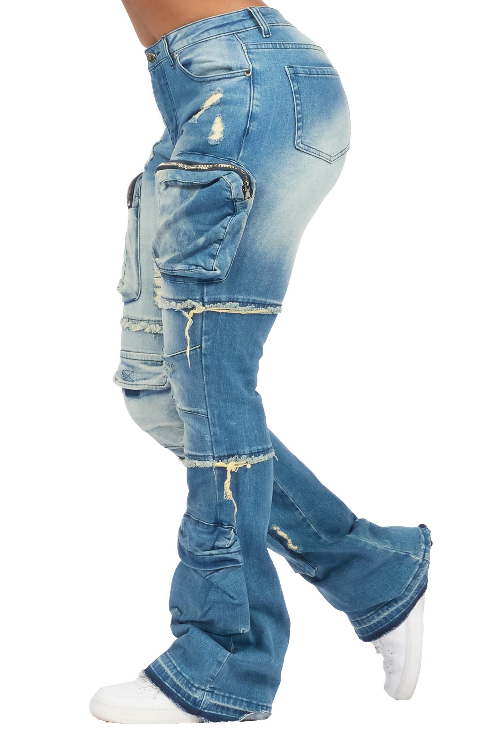 Toniesha Dirty Blue Wash Stacked Flare Jean Female Product Image