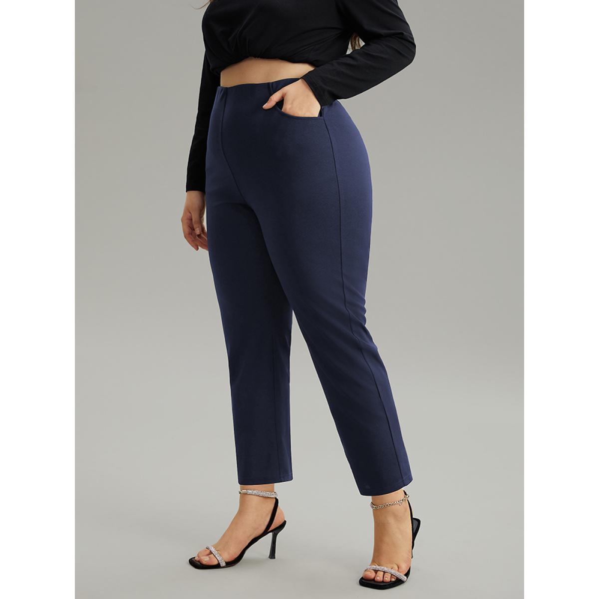 Plus Size Plain Pocket Bodycon Ankle Pants Women Indigo Work From Home Bodycon High Rise Work Pants BloomChic 26/4X Product Image