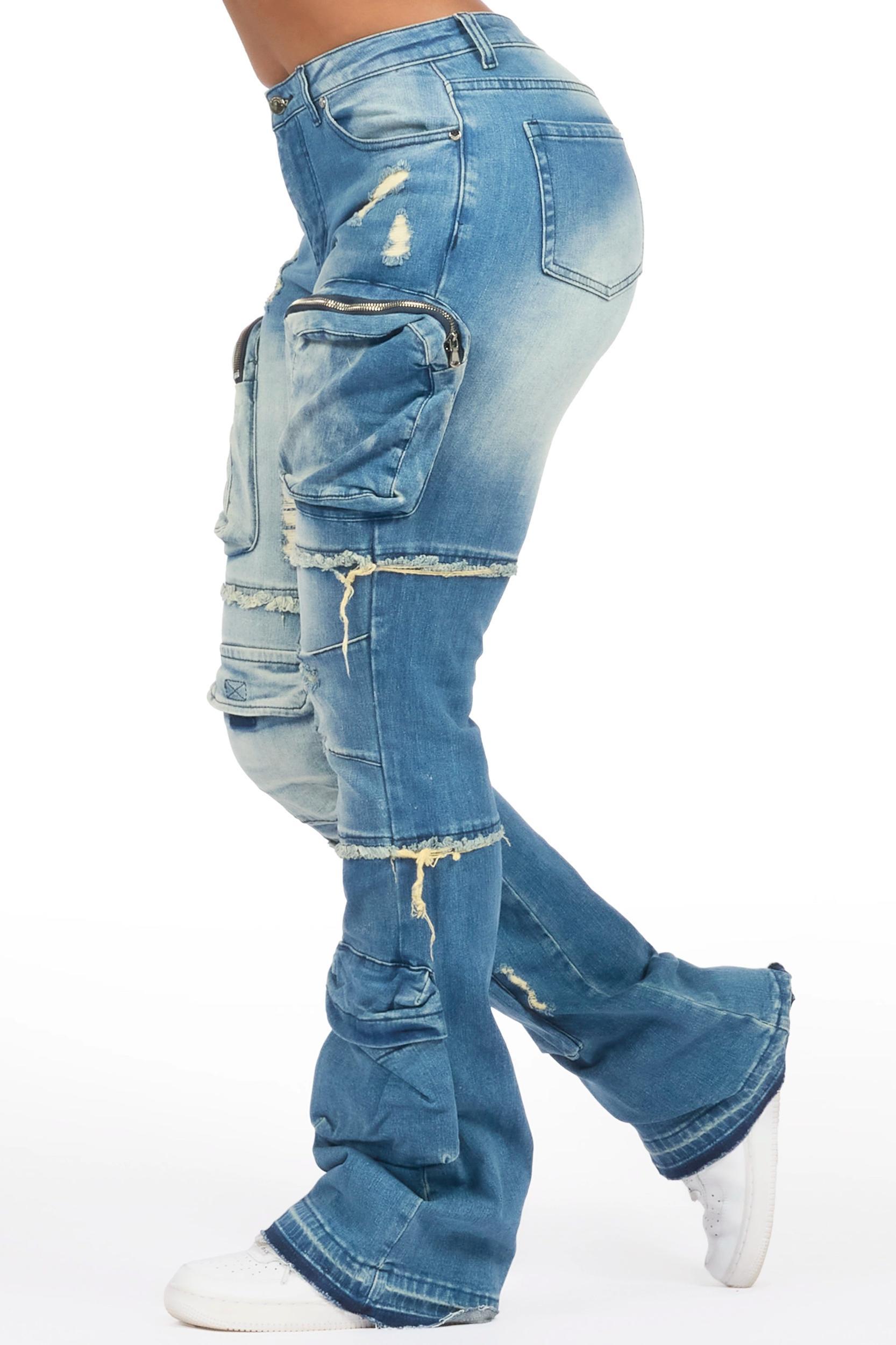Toniesha Dirty Blue Wash Stacked Flare Jean Female Product Image