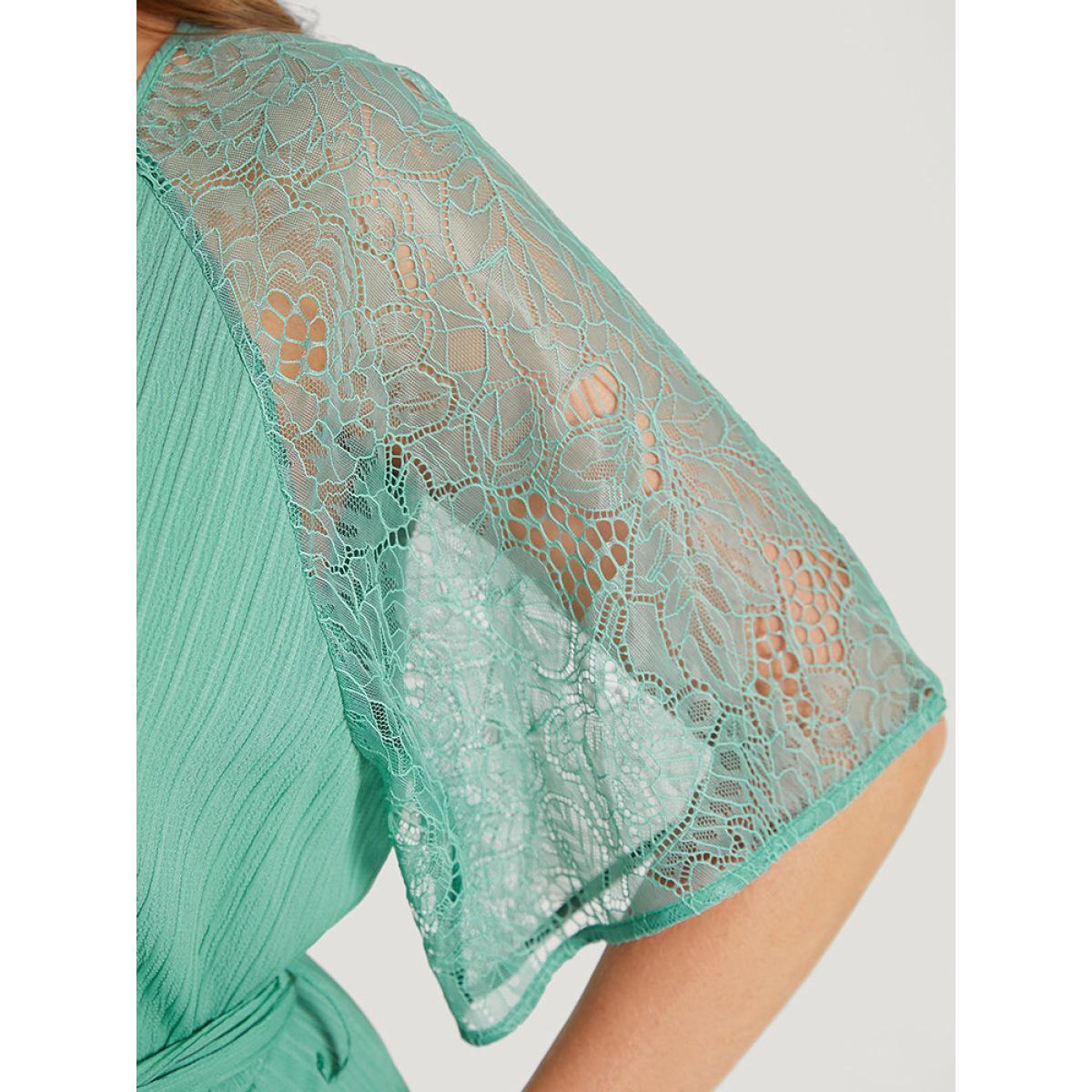 Plus Size Plain Pocket Lace Raglan Sleeve Ruffle Belted Plisse Dress Mint Women Office Plain V-neck Short sleeve Curvy Midi Dress BloomChic 18-20/2X Product Image