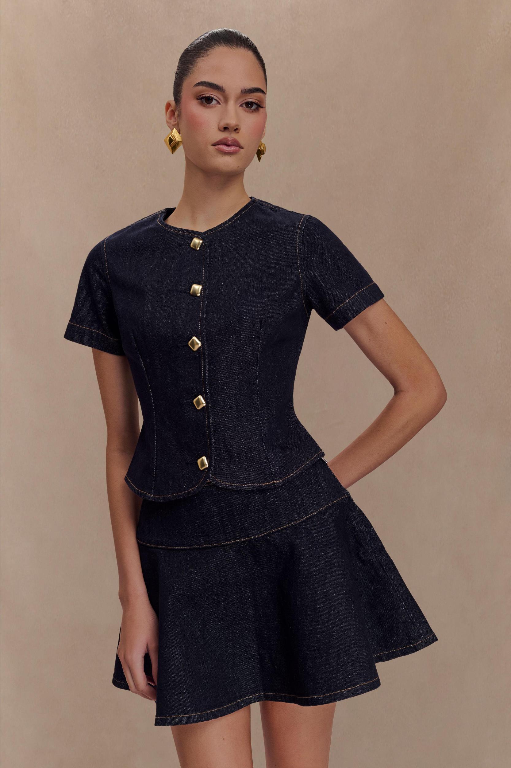 Bethany Short Sleeve Buttoned Denim Top - Washed Indigo Blue Product Image