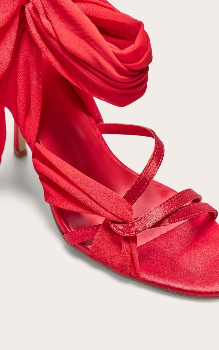Red Satin Round Toe Lace Up Ribbon High Heeled Sandals Product Image