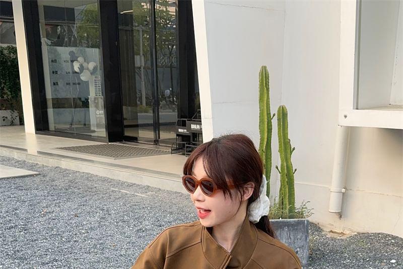 Faux Leather Zip-Up Jacket / High Waist Plaid Maxi A-Line Skirt Product Image
