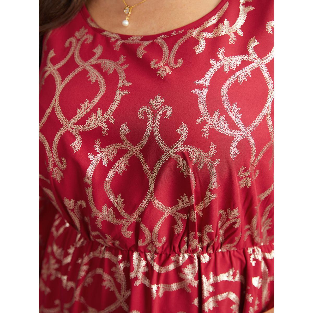 Plus Size Geometric Glitter Shirred Hanky Hem Dress Raspberry Women Party Printed Round Neck Long Sleeve Curvy Midi Dress BloomChic 28/5X Product Image
