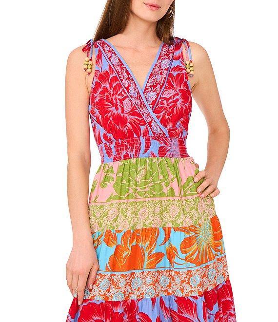 Vince Camuto Woven Printed Surplice V-Neck Tiered Blouson Maxi Dress Product Image