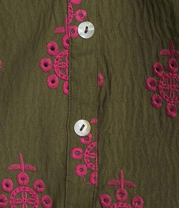 Calessa Embroidered Medallion Print Split V-Neck Long Sleeve Button Front Tunic Product Image
