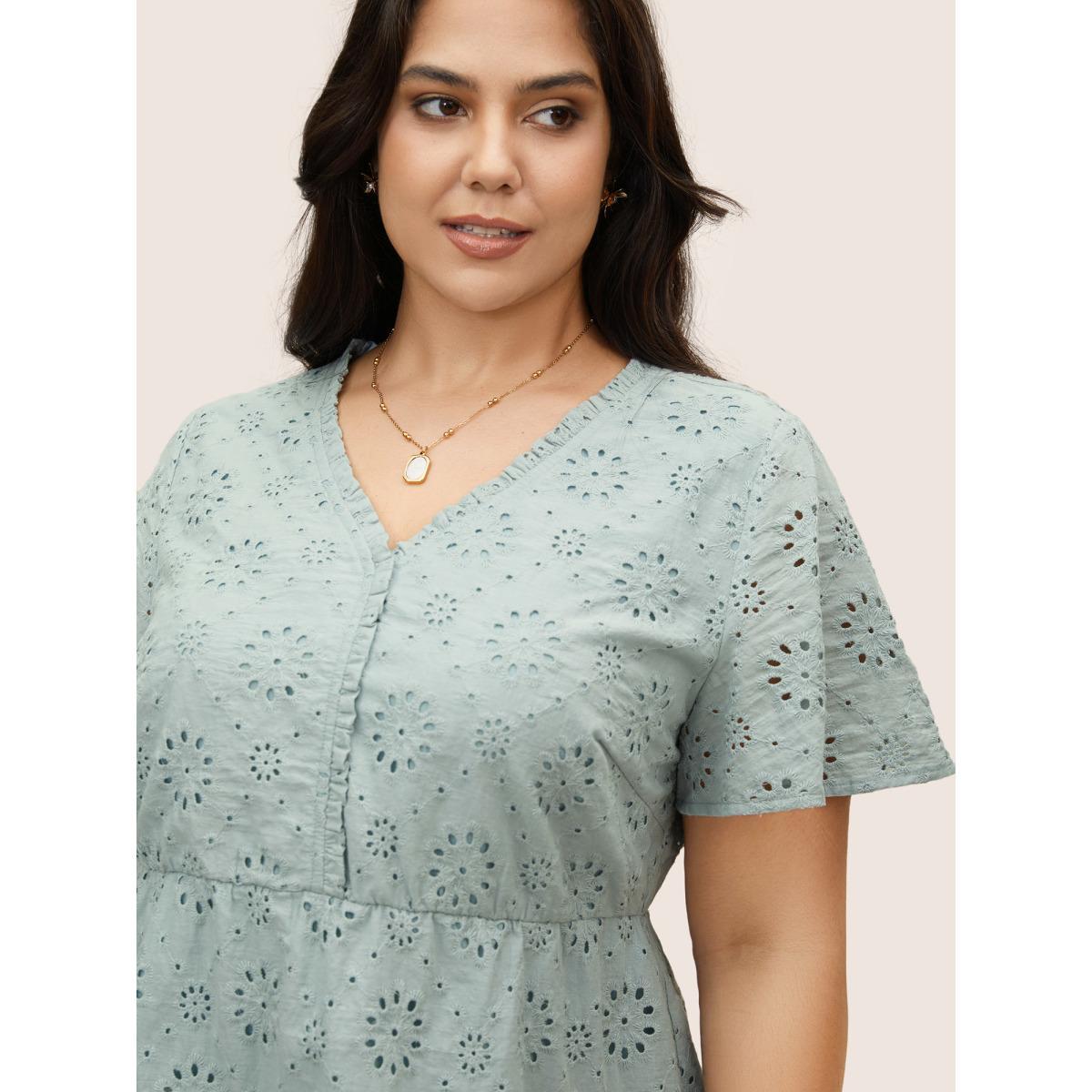 Plus Size Arctic Plain Broderie Anglaise Flutter Sleeve Blouse Women Elegant Short sleeve V-neck Everyday Blouses BloomChic 30/6X Product Image