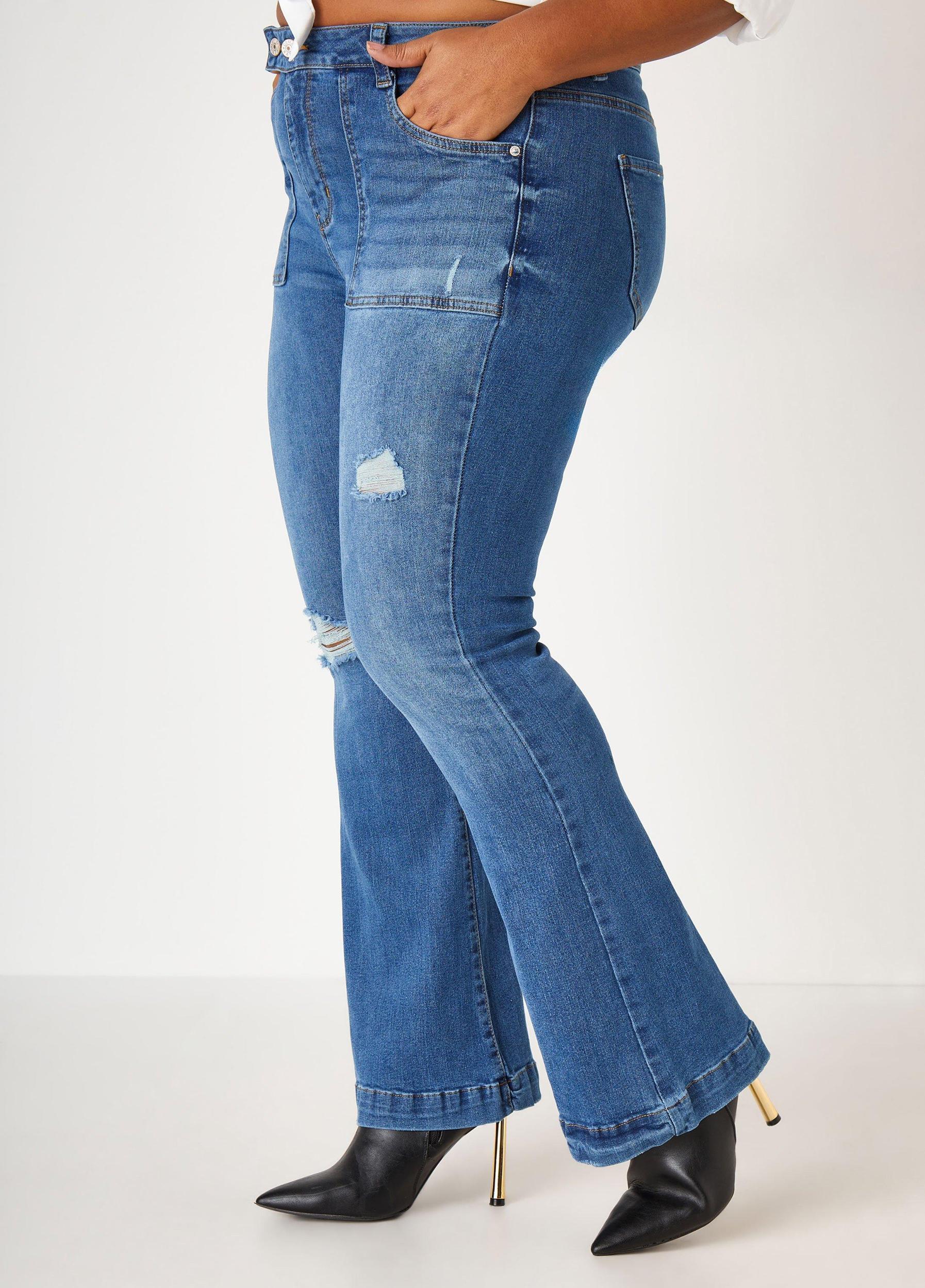 Plus Size Distressed High Rise Flared Jeans Ashley Stewart Product Image