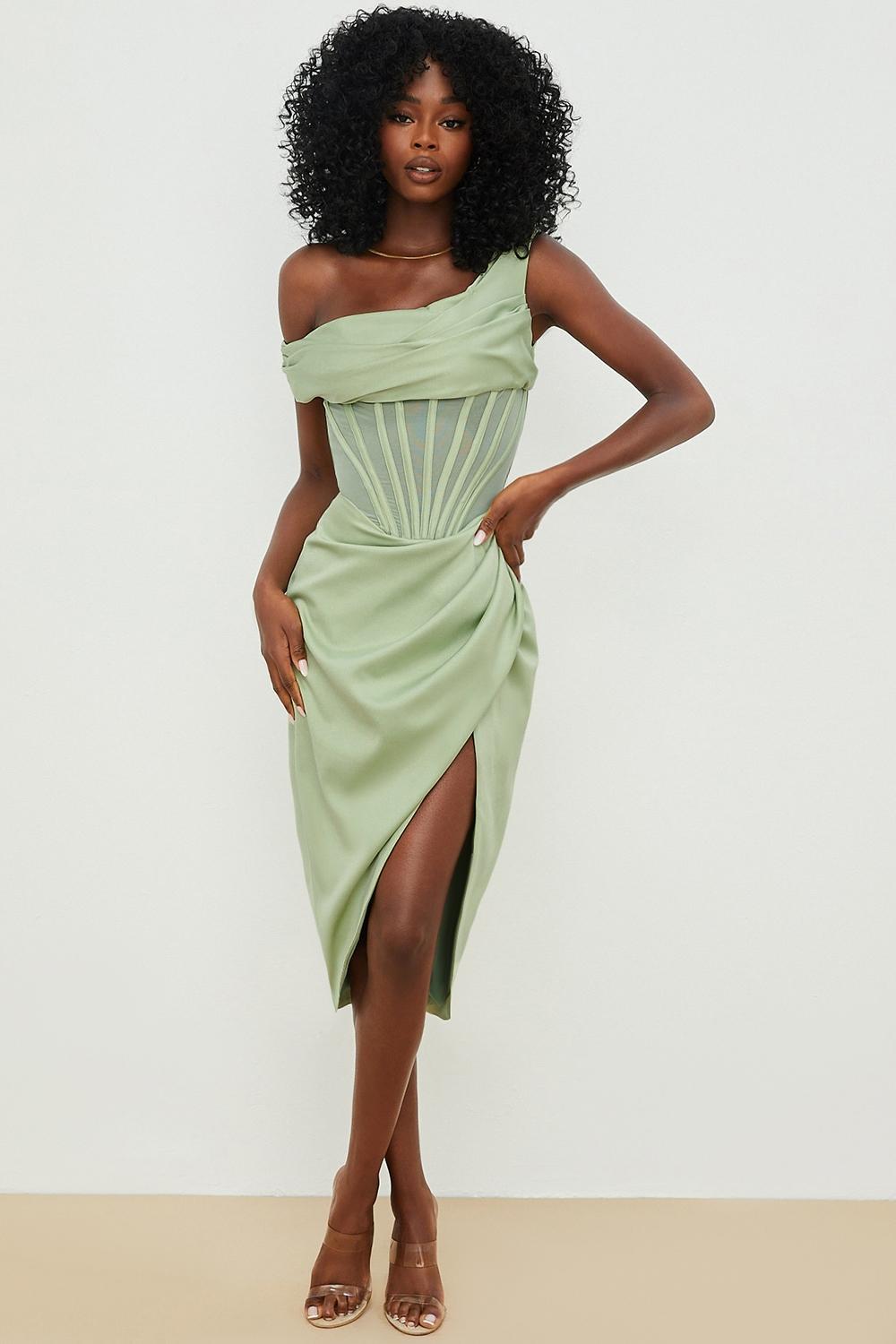 Lulu Pistachio Asymmetric Drape Midi Corset Dress Product Image