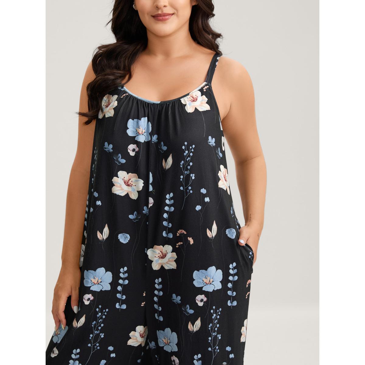 Plus Size Black Stretchy Lined Floral Print Cami Jumpsuit Women Sleeveless V-neck Everyday-Casual Loose Jumpsuits BloomChic 12/L Product Image