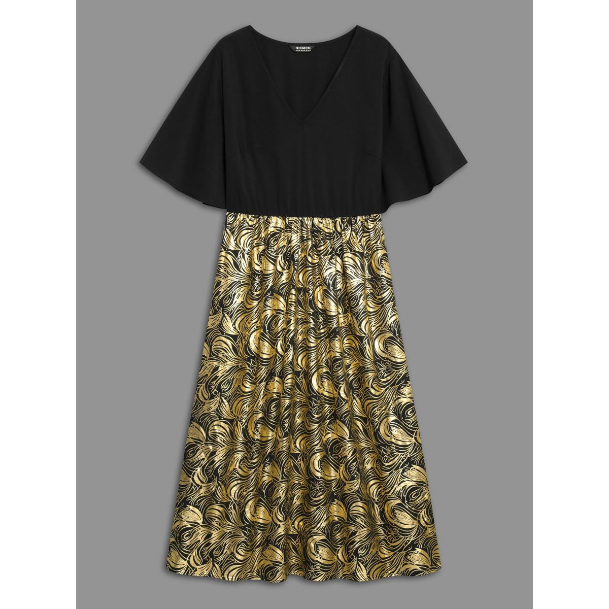 Plus Size V Neck Glitter Flounce Sleeve Dress Black Women Cocktail Texture V-neck Half Sleeve Curvy BloomChic 30/6X Product Image