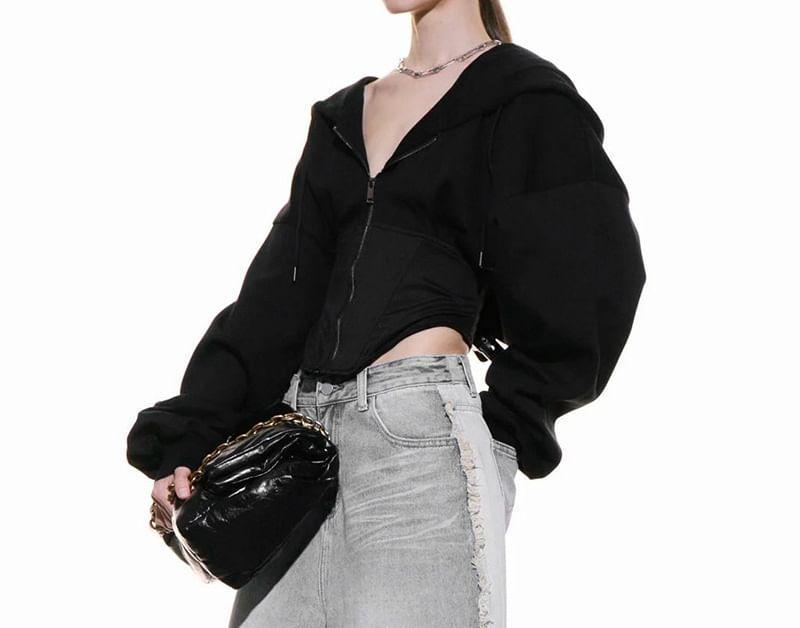 Plain Zip-Up Crop Hoodie Product Image