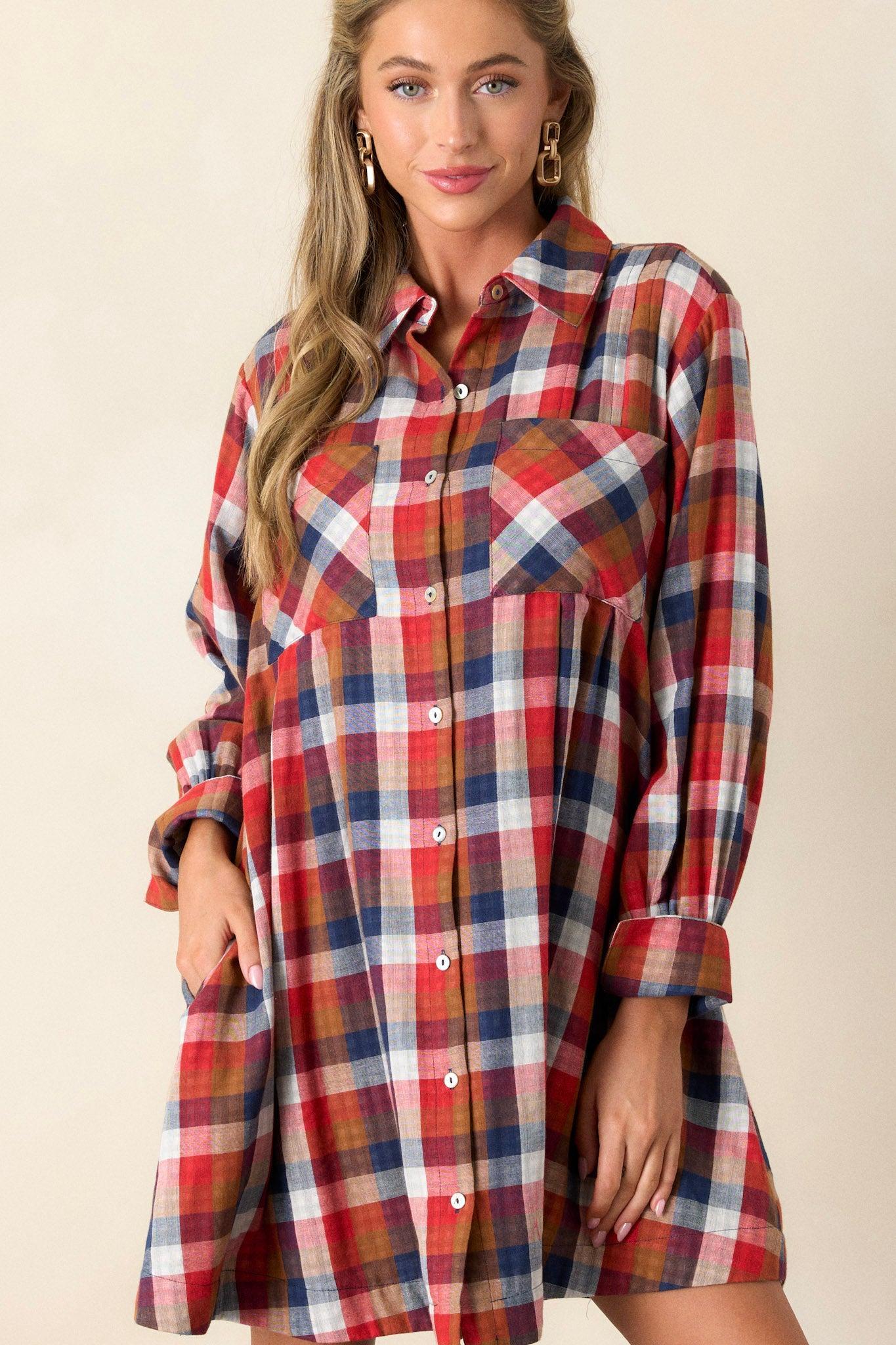 Gliding By Cotton Red Multi Plaid Mini Dress Product Image