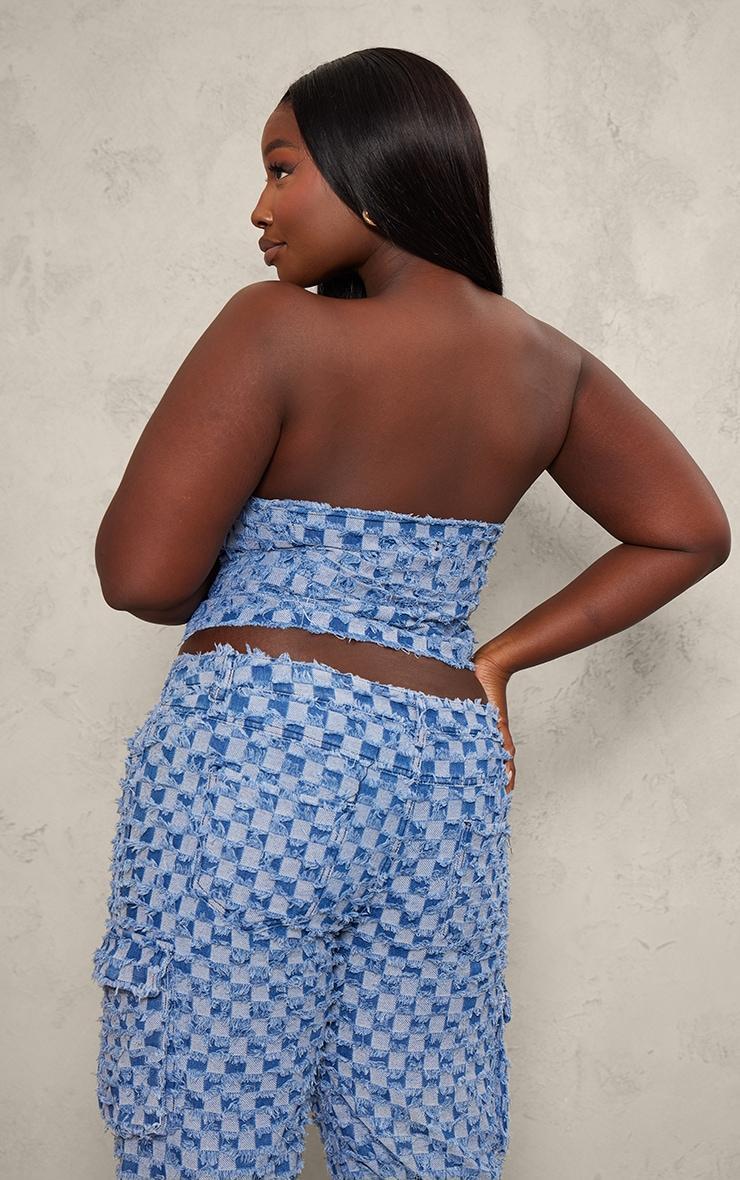 Plus Mid Blue Wash Fray Detail Checkered Denim Bandeau Top Product Image