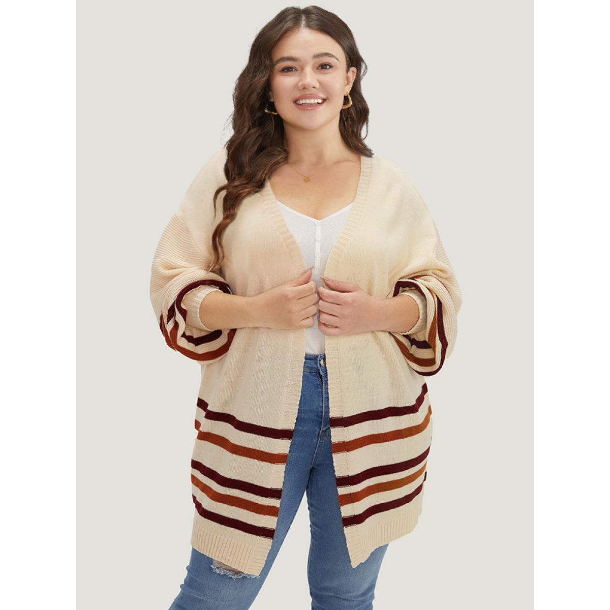 Plus Size Striped Contrast Open Front Cardigan Apricot Women Casual Loose Long Sleeve Dailywear Cardigans BloomChic 30/6X Product Image