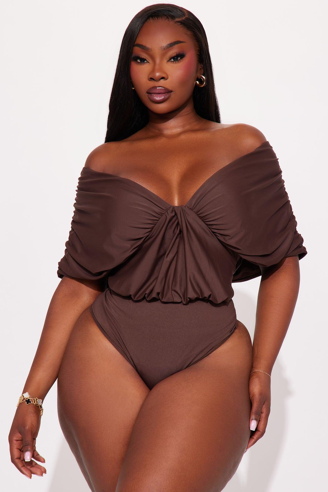 True Rival Ruched Off Shoulder Bodysuit  - Brown Product Image