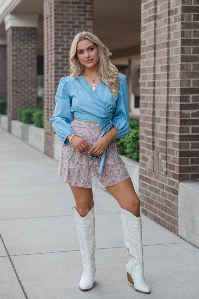 Per Diem Light Wash Chambray Wrap Blouse SALE Product Image