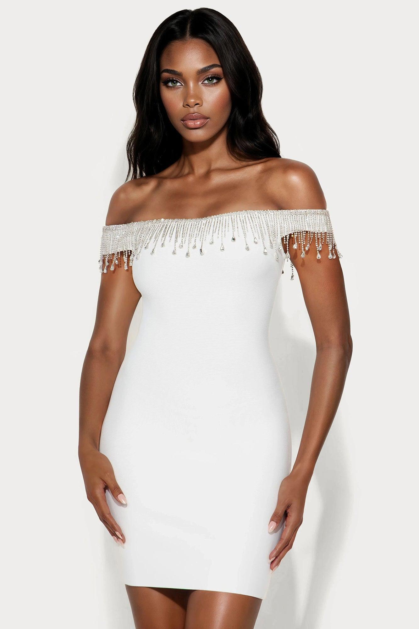 Brooke Bandage Rhinestone Mini Dress - White Product Image