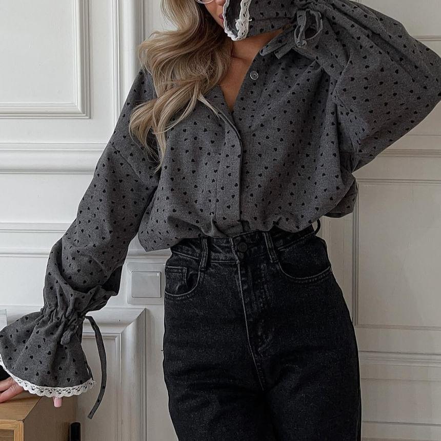 Long-Sleeve Collared Heart Print Lace Trim Button-Up Blouse Product Image