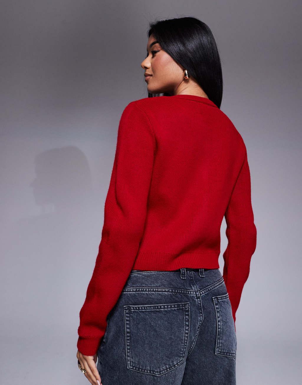 ASOS DESIGN compact knit cardigan with gold buttons in red Product Image