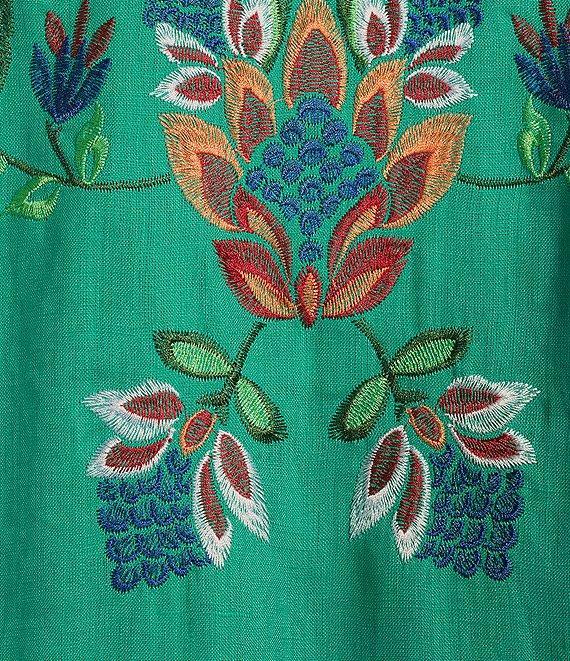 tyler boe Niki Linen Split V-Neck Tassel Tie 3/4 Sleeve Embroidered Dress Product Image