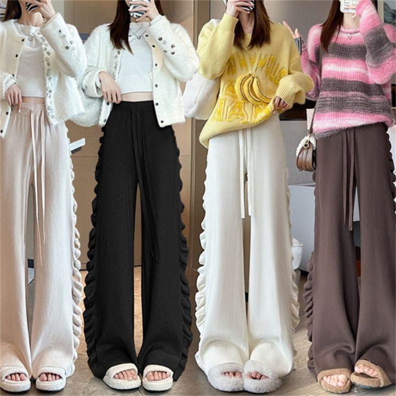 Drawstring Waist Plain Ruffle Trim Wide Leg Pants Product Image