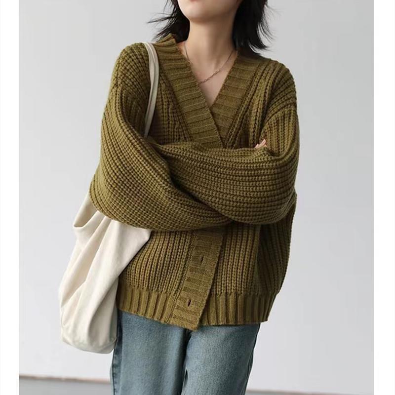V-Neck Plain Button-Up Cardigan Product Image