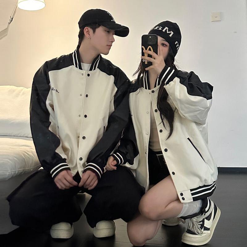 Couple Matching Lettering Two Tone Faux Leather Single-Breasted Baseball Jacket Product Image