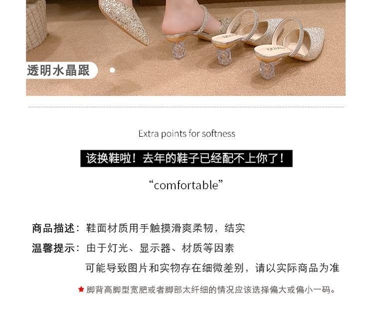 Pointy Rhinestone Sequined Chunky Heel Mules Product Image