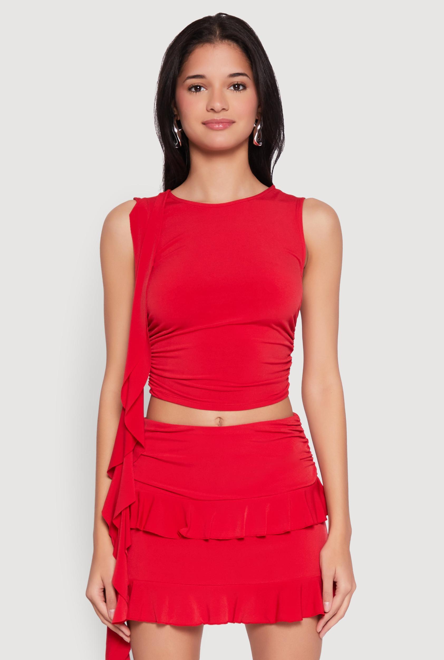 Womens Ruffle Draped Ruched Crop Top Product Image