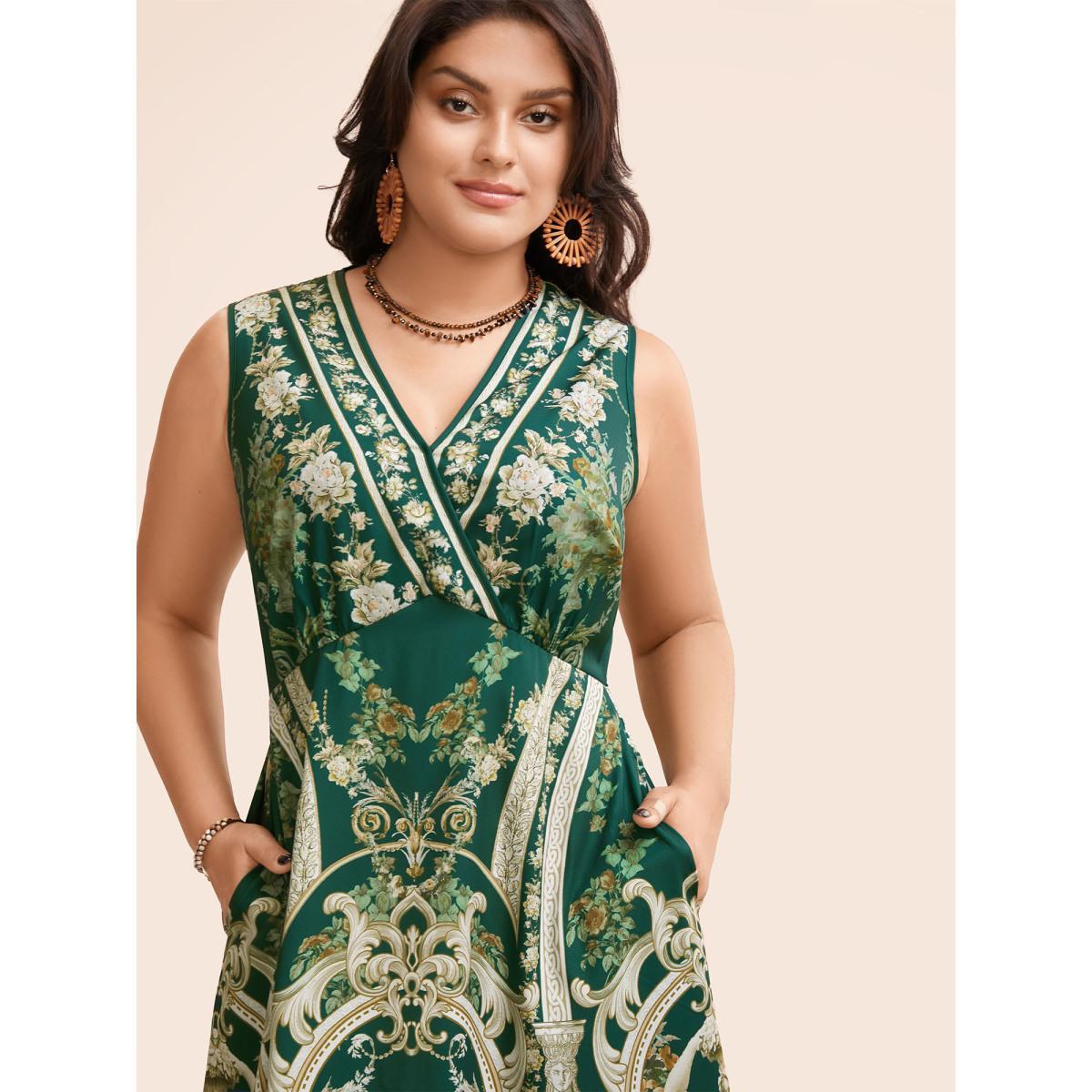 Plus Size V Neck Boho Print Sleeveless Midi Dress DarkGreen Women Elegant Gathered V-neck Sleeveless Curvy BloomChic 22-24/3X Product Image