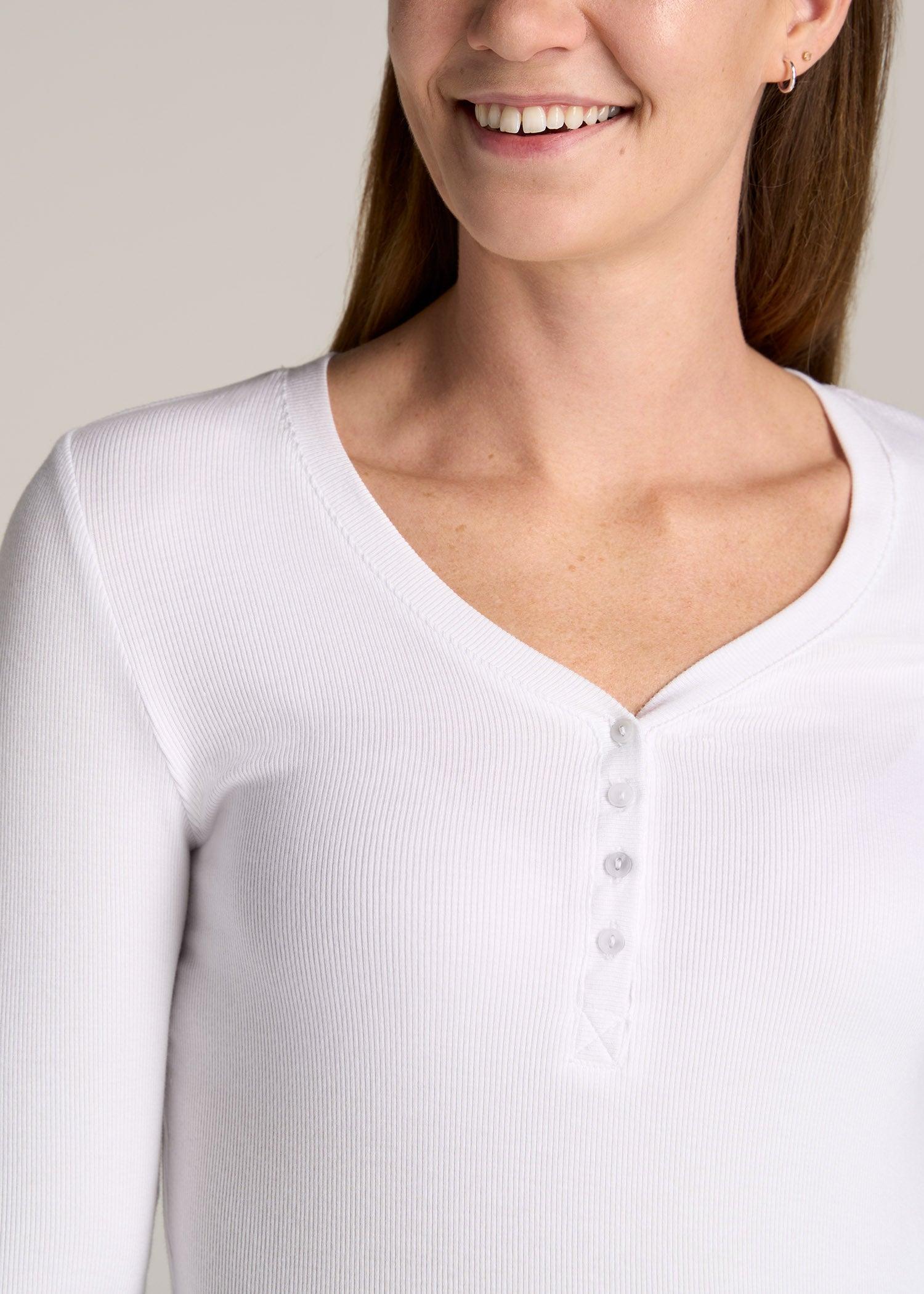 Tall Women's FITTED Ribbed Long Sleeve Henley in White Female Product Image