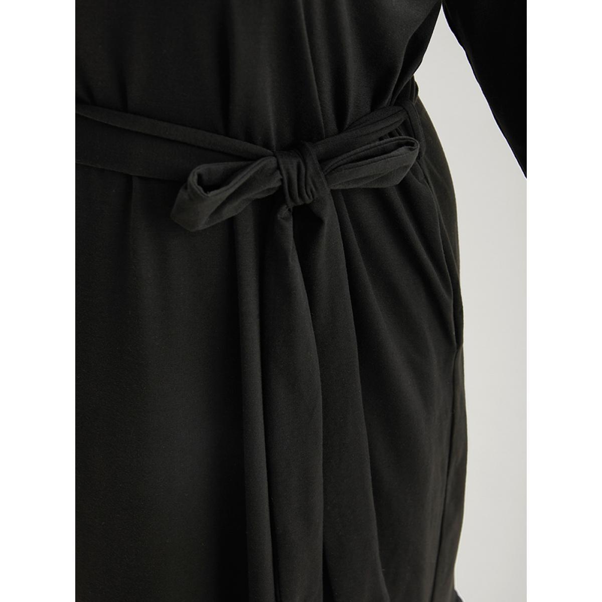 Plus Size Broderie Anglaise Round Neck Belted Flutter Hem Dress Black Women Casual Plain Round Neck Long Sleeve Curvy Midi Dress BloomChic 18-20/2X Product Image