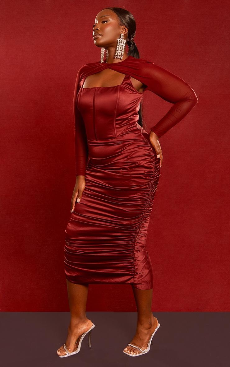  Plus Cherry Red Constructed Satin Mesh Sleeve Ruched Midi Dress Product Image
