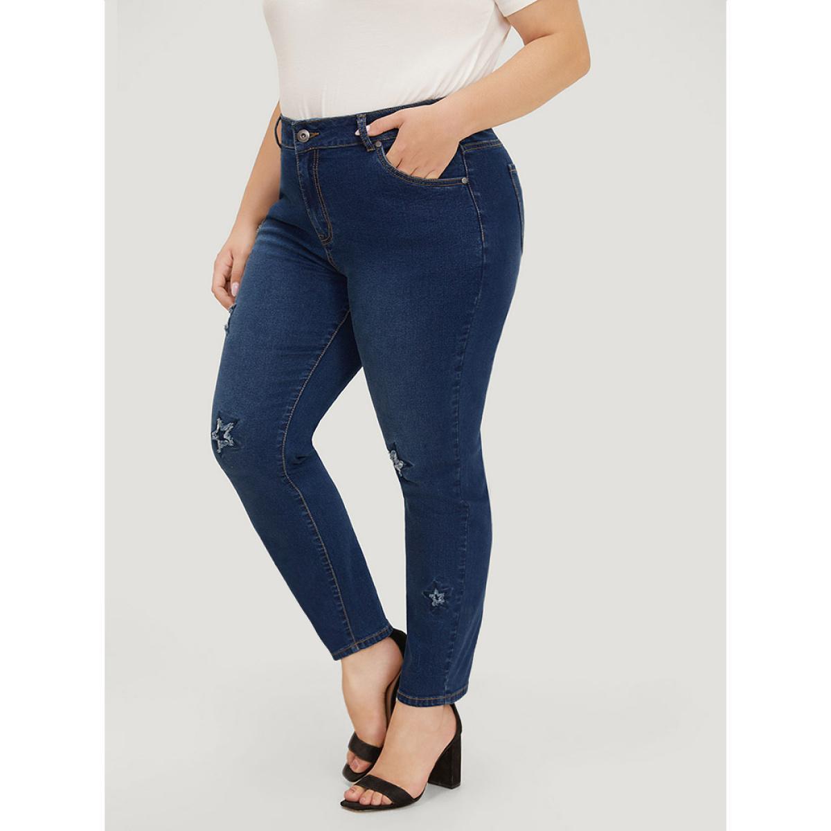 Plus Size Very Stretchy High Rise Medium Wash Star Embroidery Jeans Women Blue Casual Star and moon Embroidered High stretch Jeans BloomChic 24/3X Product Image