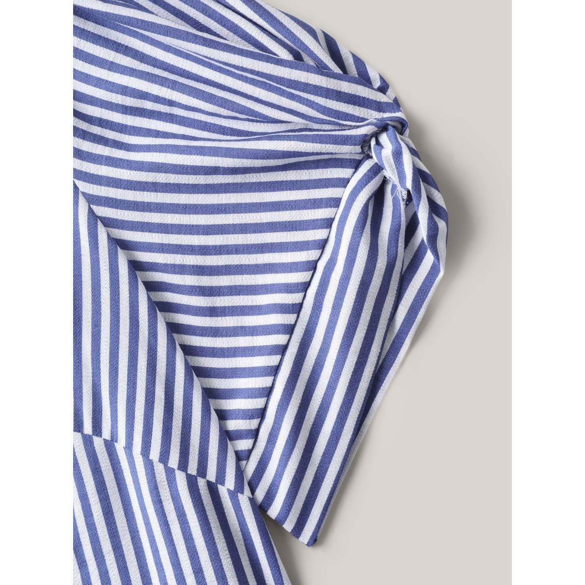 Plus Size DarkBlue Stripes Knotted Sleeve Notched Collar Blouse Women Short sleeve Notched collar Work Blouses BloomChic 18-20/2X Product Image