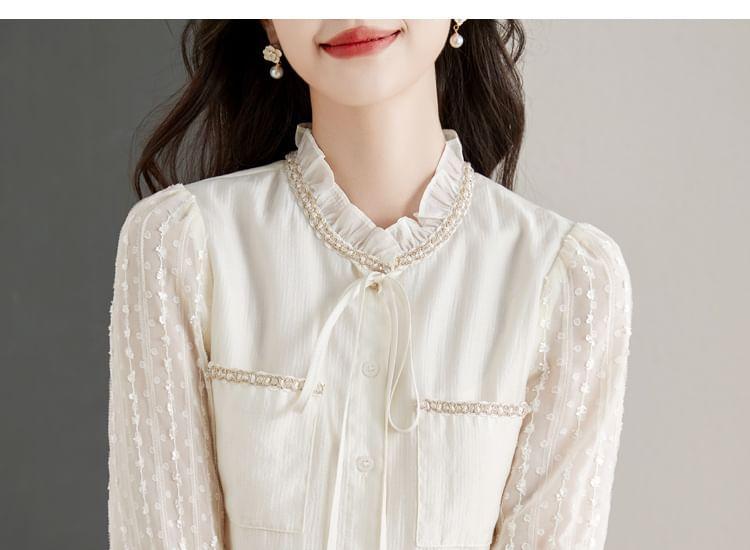 Long-Sleeve Stand Collar Jacquard Frill Trim Tie Front Button-Up Blouse Product Image