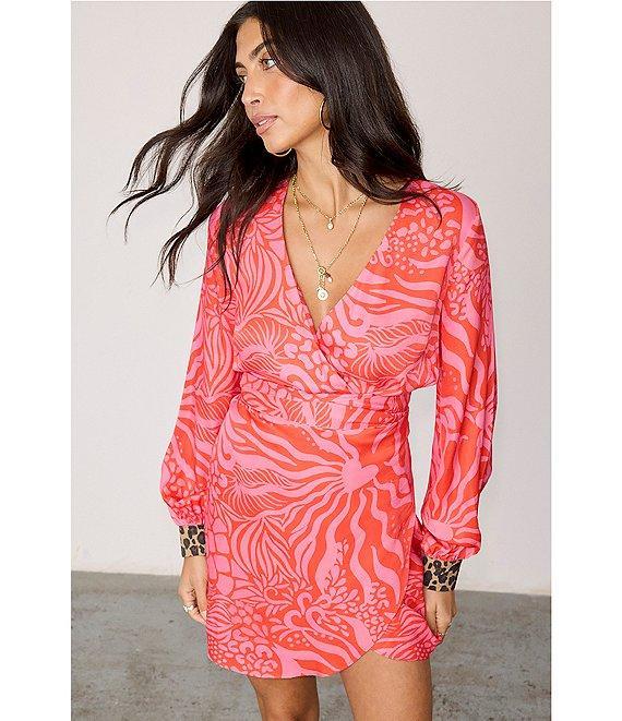 Never Fully Dressed Vienna Valentine Printed V Neck Long Sleeve Mini Wrap Dress Product Image