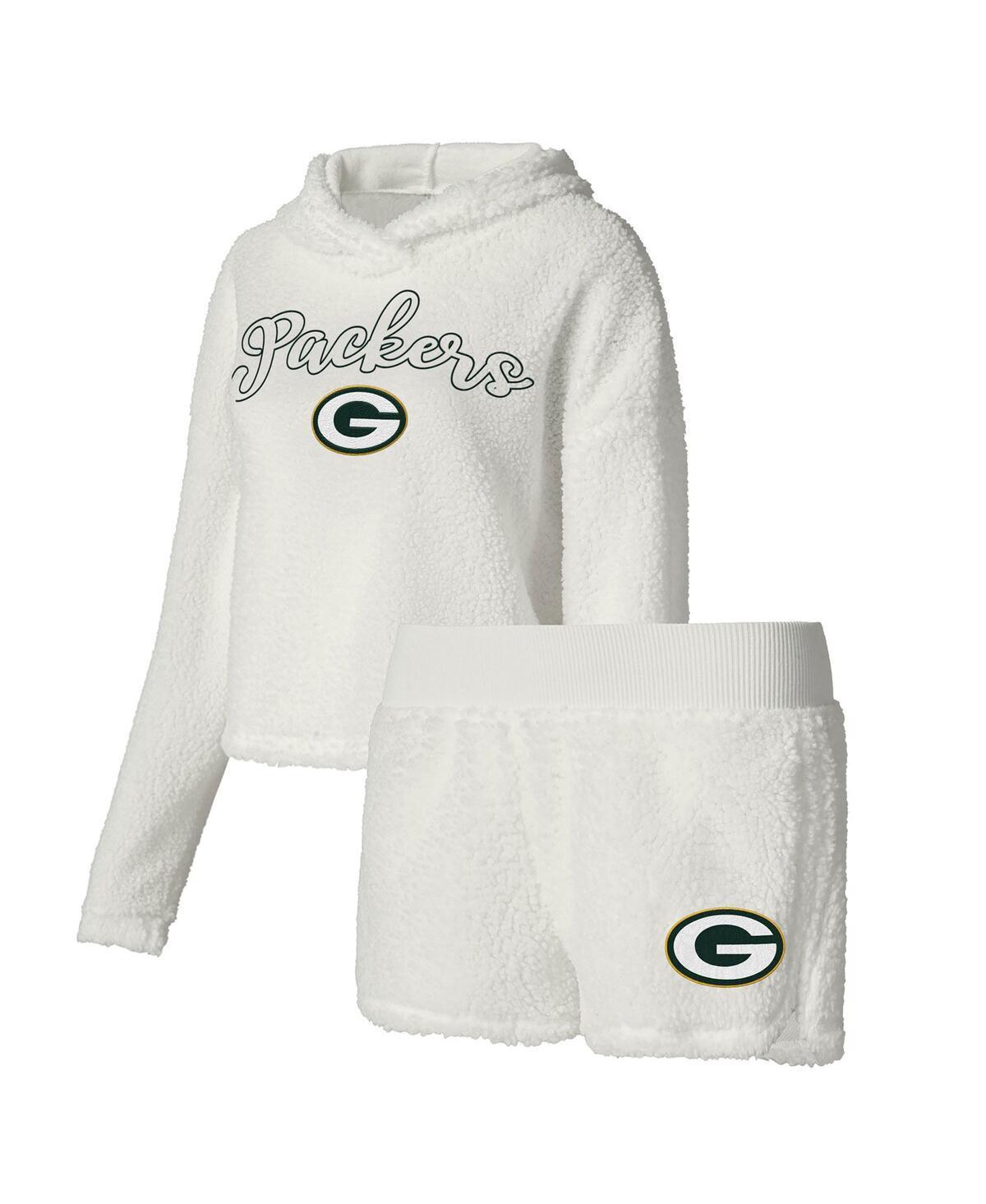 Women's Concepts Sport  White Green Bay Packers Fluffy Pullover Sweatshirt & Shorts Sleep Set, Size: XL Product Image