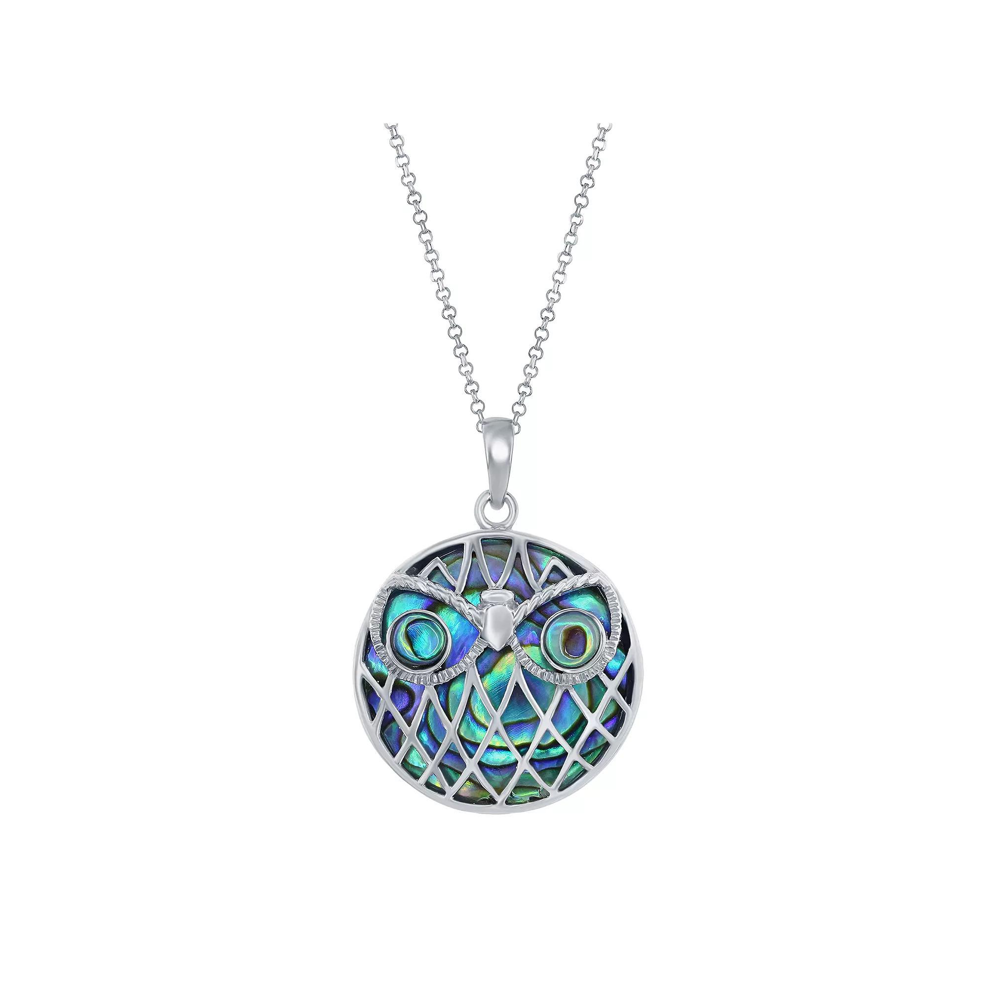 Sterling Silver Abalone Round Owl Necklace, Womens Product Image