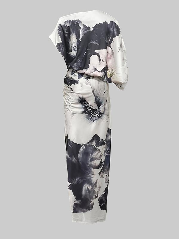 Batwing Sleeves Loose Asymmetric Floral Printed Split-Joint Split-Side One-Shoulder Evening Dresses Maxi Dresses Product Image