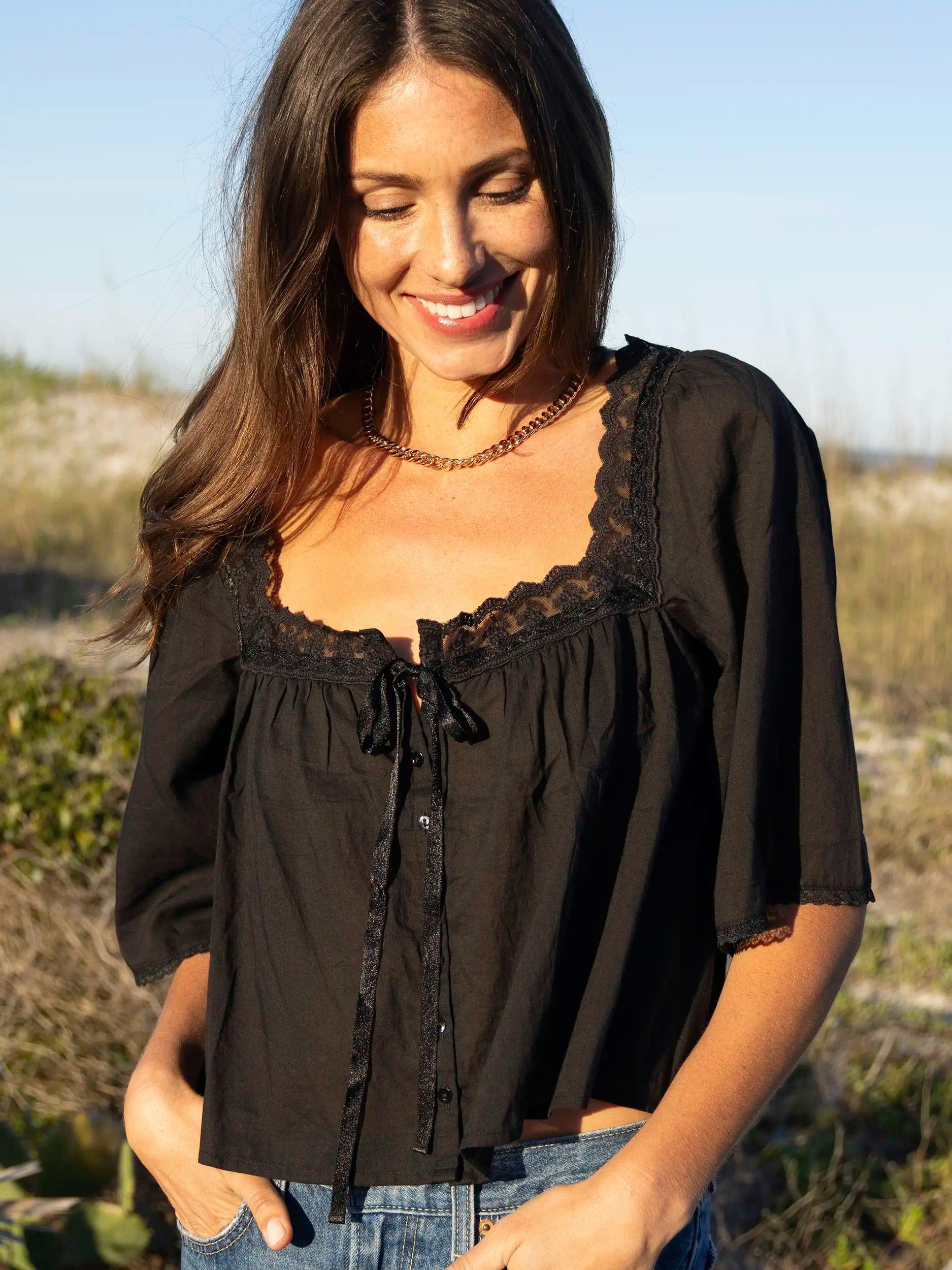Prettiest Cotton Lace Blouse - Black Product Image