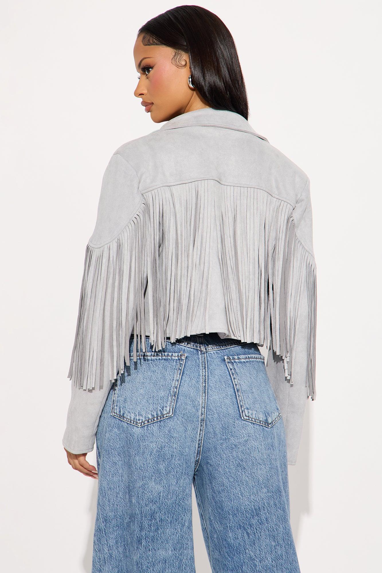 Rodeo Ready Fringe Faux Suede Jacket - Light Grey Product Image