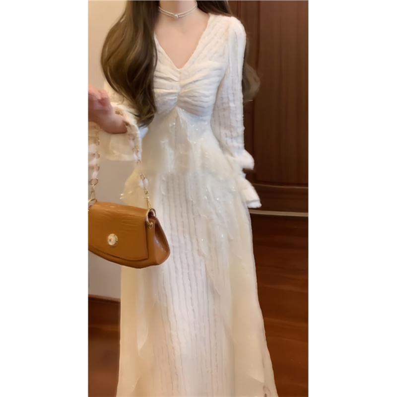 Long-Sleeve V-Neck Plain Maxi A-Line Dress Product Image