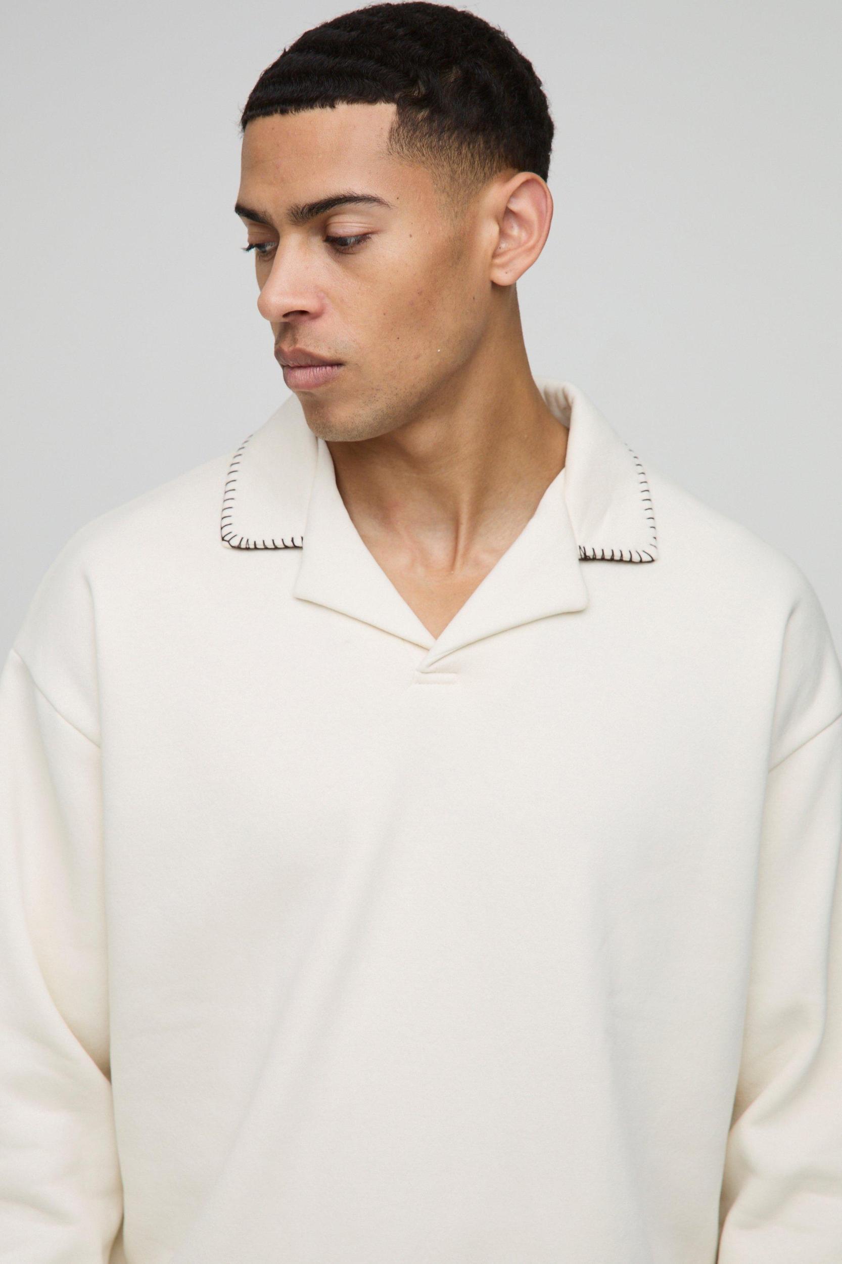 Oversized Boxy Revere Blanket Stitch Polo Sweatshirt | boohooMAN USA Product Image