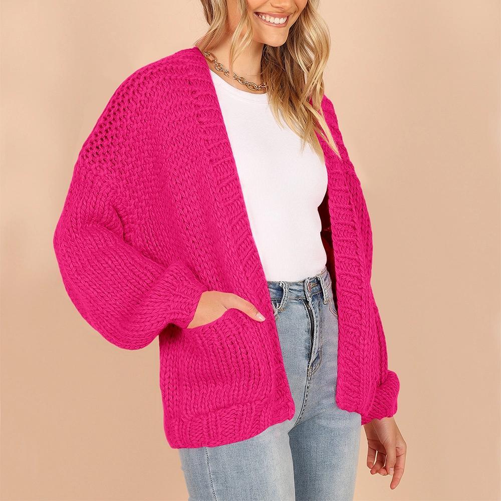 Womens Sweater Knit Cardigan with Pockets Open Front Cable Knit Sweater Chunky Thick Sweater Cardigan for Winter Comfy Knitwear,Rose Red - L Product Image
